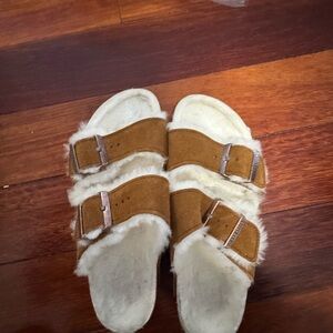 Birkenstock Tan and Cream Suede Sandals